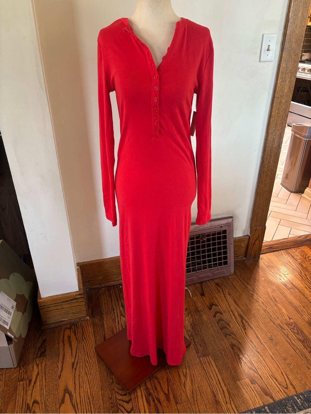 NWT Daily Practice Size Medium Long-Sleeve Henley Maxi Dress Bright Red - Picture 2 of 6